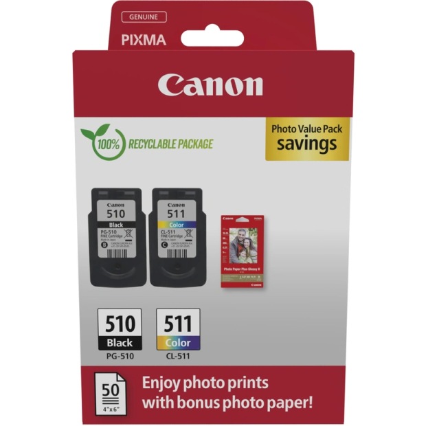 Pack Canon Pixma MP240/260/480 - PG510/CL511 + 50 Folhas